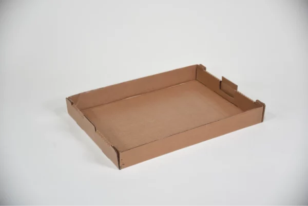 A shallow, empty cardboard tray with low sides on a white background.