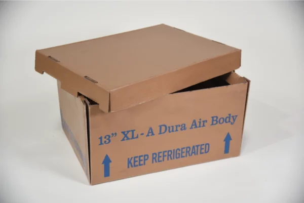 A brown cardboard box with "KEEP REFRIGERATED" text and upward arrows on the side, on a white background.