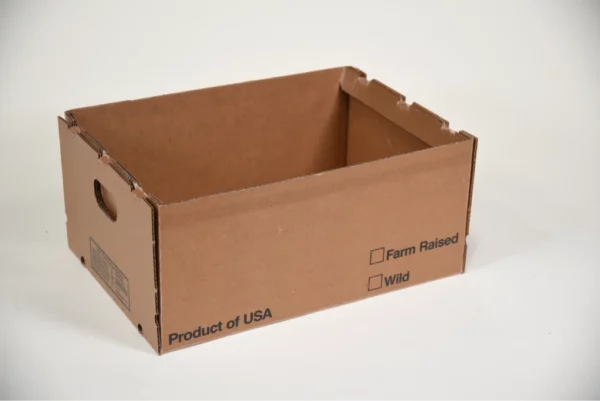 An open brown cardboard box with a side label stating "Product of USA" and checkboxes with options "Farm Raised" and "Wild."