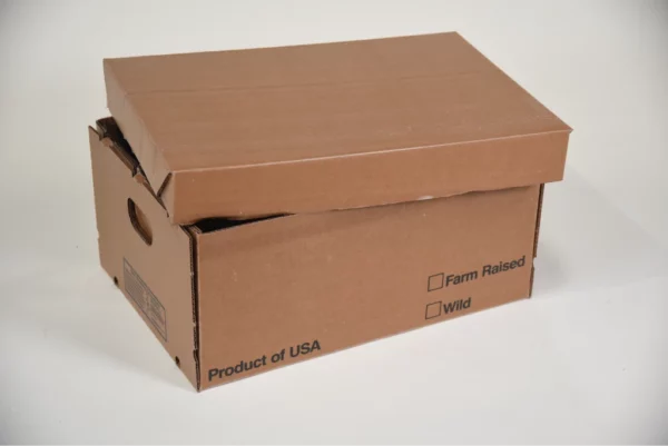 Close-up photo of an open cardboard box labeled "Farm Raised" and "Product of USA Wild" on a white background.