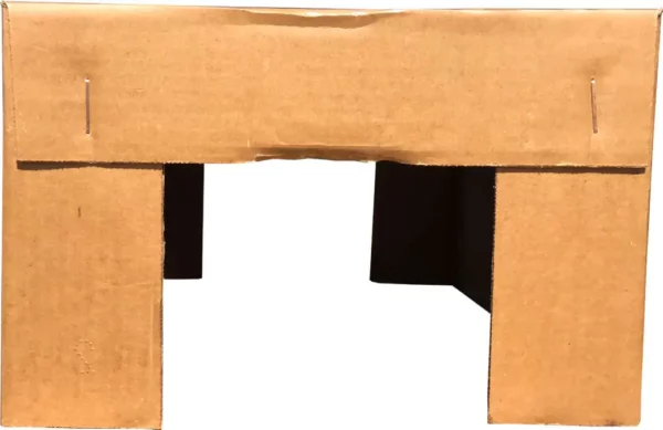 A cardboard box with a cut-out handle in the middle, creating a space that allows a glimpse of the white background through the box.