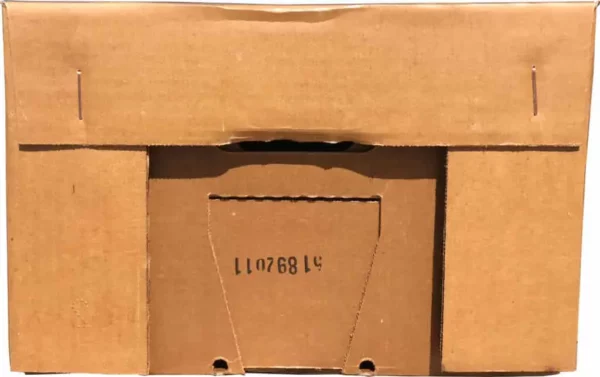 A plain cardboard box with a die-cut handhold and a black alphanumeric code printed on it.
