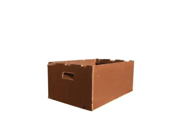 A sturdy brown cardboard box with an open top and a handhold cut into one side, set against a white background.