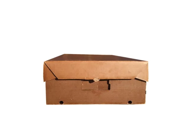 A plain cardboard box with flaps folded down, sitting on a white surface.