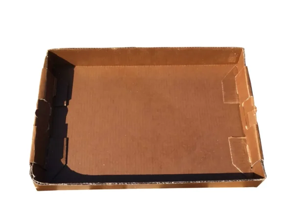 Empty cardboard pizza box viewed from the top against a white background