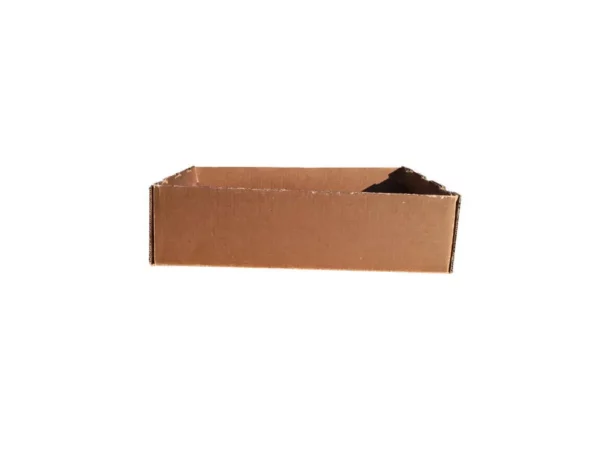 A long, open-topped brown cardboard box with one corner torn, against a white background.