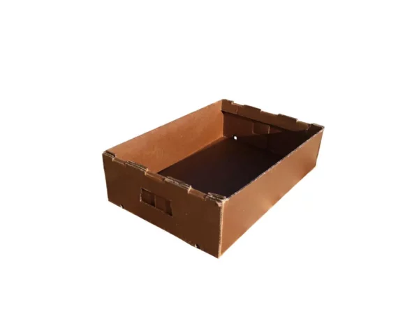 A brown cardboard shipping box with a handle, placed on a white background.
