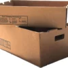 Cardboard box with safe handling instructions and cutout handles.