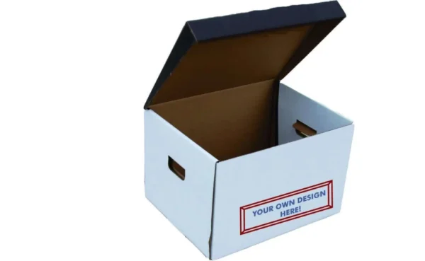 Open cardboard box with a customizable side label saying 'YOUR OWN DESIGN HERE!