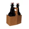Two dark glass bottles with flip-top lids placed in a brown cardboard bottle carrier with a handle.