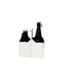 A white cardboard carrier holding two dark brown glass beer bottles.