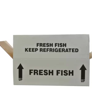 A cardboard seafood box with "FRESH FISH KEEP REFRIGERATED" label and upward arrows, with its flaps open.
