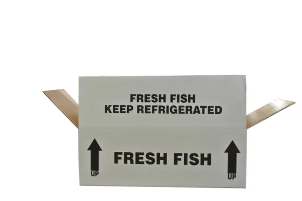 A cardboard seafood box with "FRESH FISH KEEP REFRIGERATED" label and upward arrows, with its flaps open.