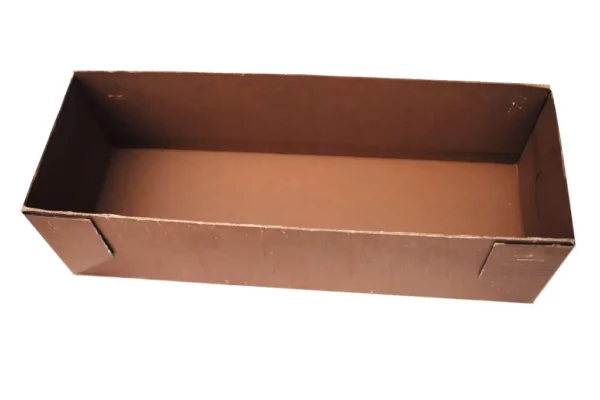 Inside view of an empty, elongated brown cardboard box.