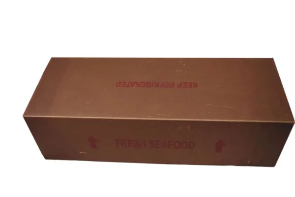 A closed brown cardboard box with inverted text "KEEP REFRIGERATED" and "FRESH SEAFOOD" with red arrows pointing upwards