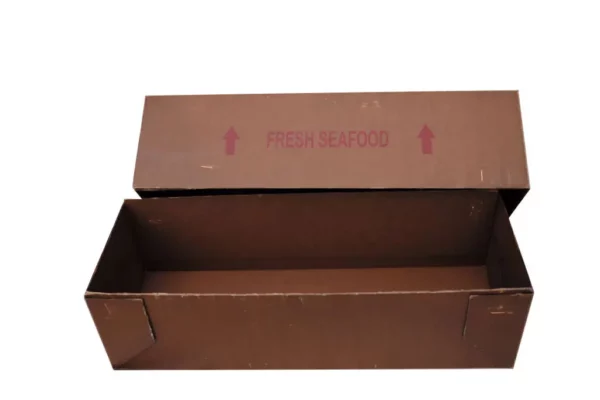 A brown cardboard seafood box with the lid open, displaying red arrows and "FRESH SEAFOOD" text on the side