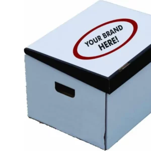 A light blue cardboard box with a closed lid featuring a red oval sticker saying "YOUR BRAND HERE!" and a cut-out handle.
