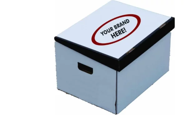 A light blue cardboard box with a closed lid featuring a red oval sticker saying "YOUR BRAND HERE!" and a cut-out handle.