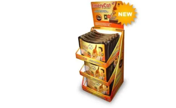A point-of-sale display for "EmeryCat" cat scratchers with an orange "NEW" label.