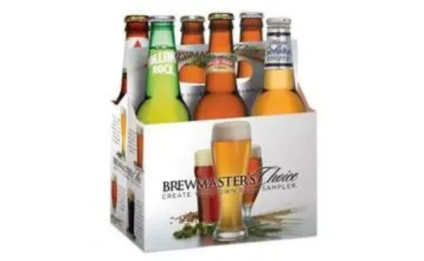 A "Brewmaster’s Choice Beer Sampler" pack with six assorted beers.