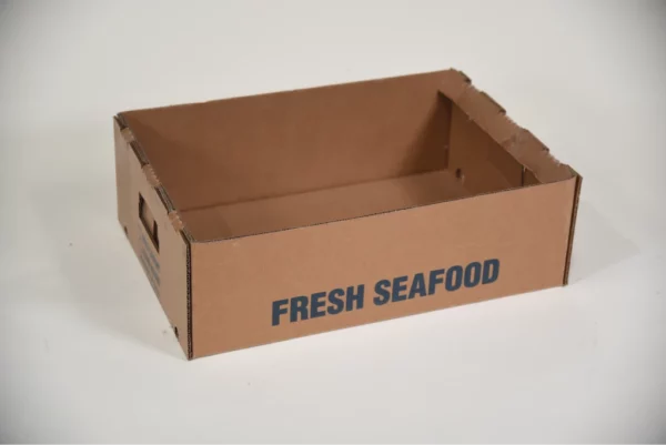 a brown box with blue writing - seafood packaging