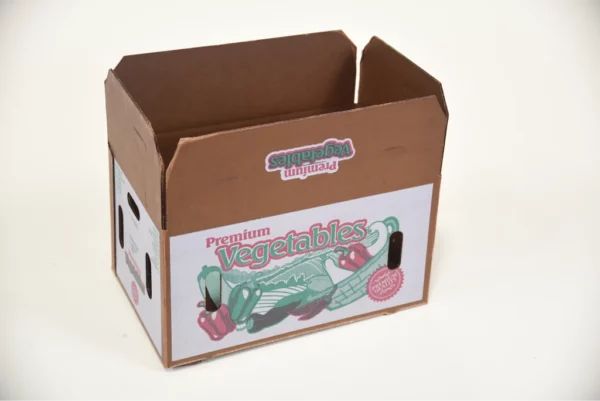 A cardboard bushel box filled with a variety of fresh vegetables, including red and green peppers, leafy green lettuce, yellow squash, and broccoli, on a white table.