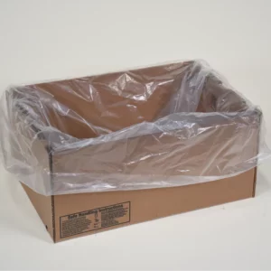 A cardboard box filled with a clear plastic 10 Liner bag, ready for safe shipping.