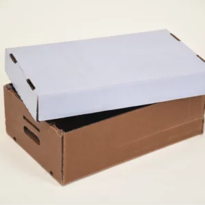 A brown box with a blue lid, designed as an Oyster Cover, on a white backdrop.