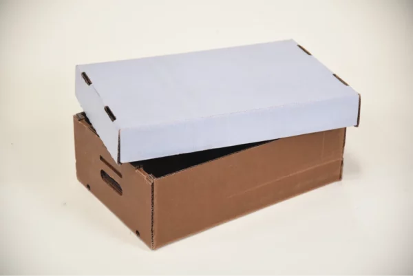 A brown box with a blue lid, designed as an Oyster Cover, on a white backdrop.