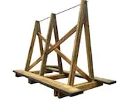 Material Handling :Image of a wooden ladder with a thick rope tied to the top rung. The ladder is leaning against a white wall.