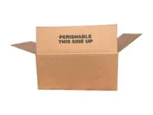 Open cardboard box with "PERISHABLE THIS SIDE UP" text, possibly used for master shrimp boxes.