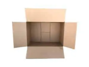 A close-up photo of an empty cardboard box with its flaps folded down, revealing the corrugated cardboard interior.