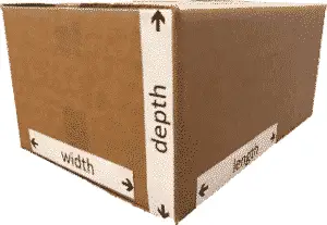 A close-up photo of a plain cardboard shipping box with the words "width" and "depth" written on its side.