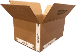 A closed cardboard shipping box with "DEPTH" and "WEIGHT" markings on a gray background. White packing tape seals the box along the seam.
