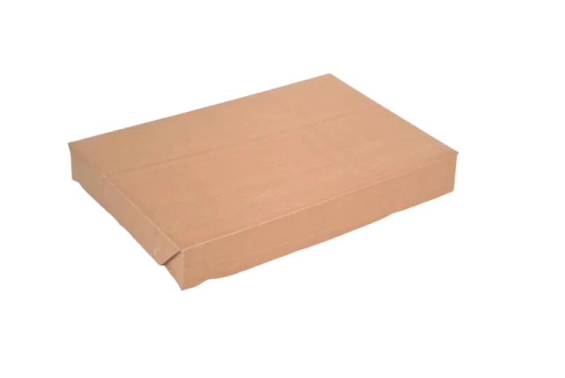 Closed cardboard box with flaps.