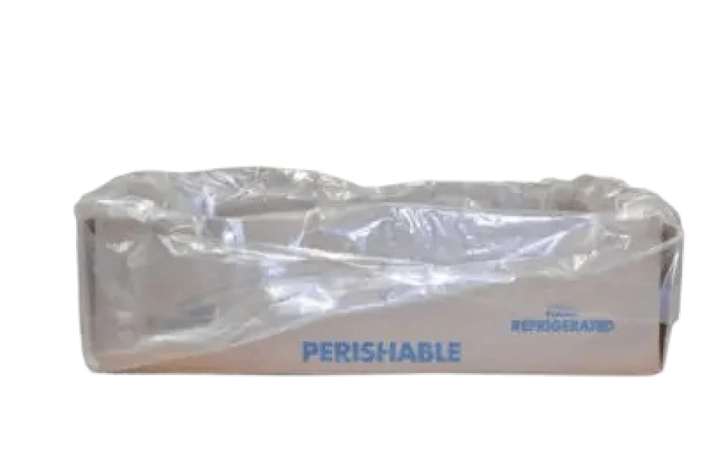 Cardboard box lined with a plastic bag, labeled "Perishable."
