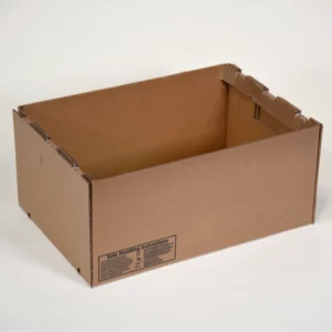 Empty cardboard box with safety instructions printed on one side.